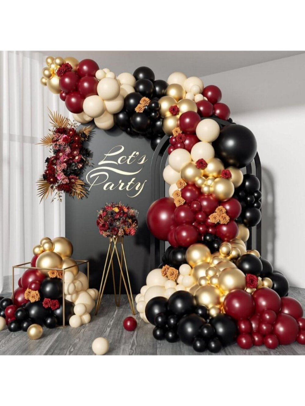 155pcs Burgundy Black Gold Balloon Arch Kit for Birthday Wedding Baby Shower Dec